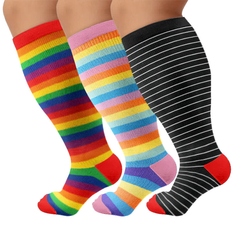 Regenbogenstreifen-Kompressionsstrümpfe in Übergröße - Mehrfarbig (3 Paare) - 4XL - image 4