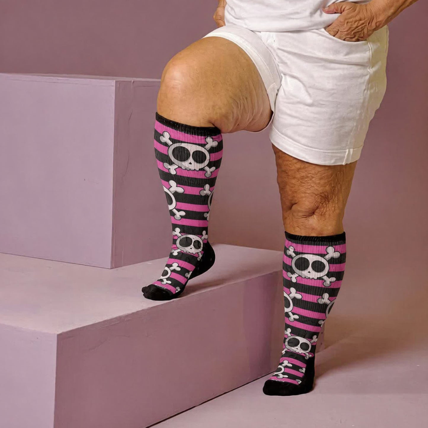 Kawaii-Totenkopf-Kompressionsstrümpfe in Übergröße - Rosa(1 Paar) - 4XL - image 2