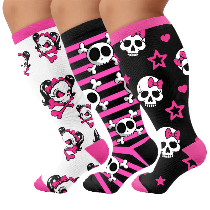 Kawaii-Totenkopf-Kompressionsstrümpfe in Übergröße - Mehrfarbig (3 Paare) - 4XL - image 4
