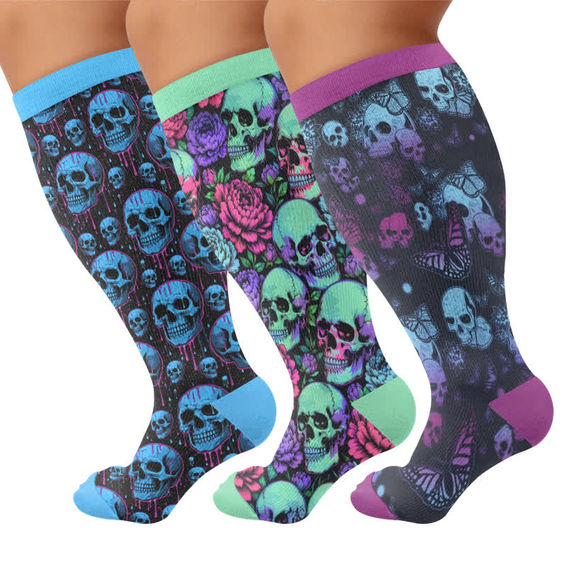 Blaue Totenkopf-Kompressionsstrümpfe in Übergröße - Mehrfarbig (3 Paare) - 4XL - image 4