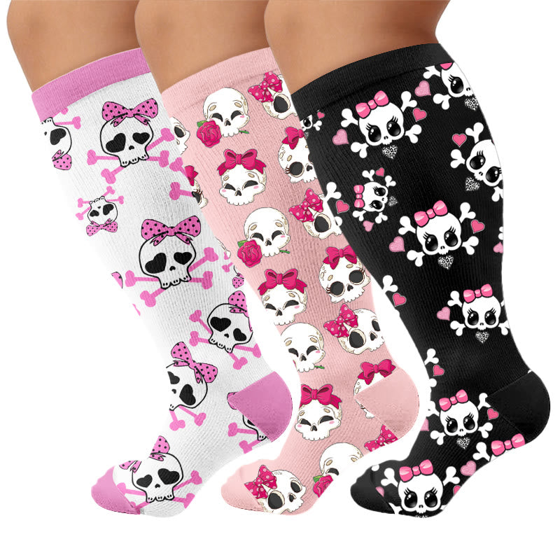 Kawaii Totenkopf-Schleifen-Kompressionsstrümpfe in Übergröße - Mehrfarbig (3 Paare) - 4XL - image 4