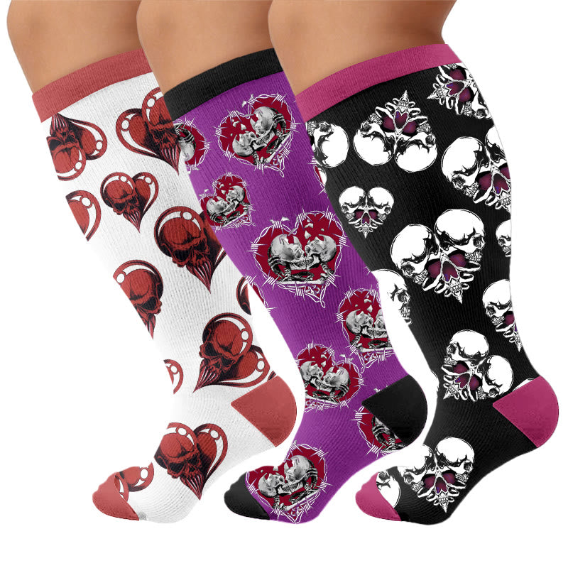 Punk-Totenkopf-Herz-Kompressionsstrümpfe in Übergröße - Mehrfarbig (3 Paare) - 4XL - image 4