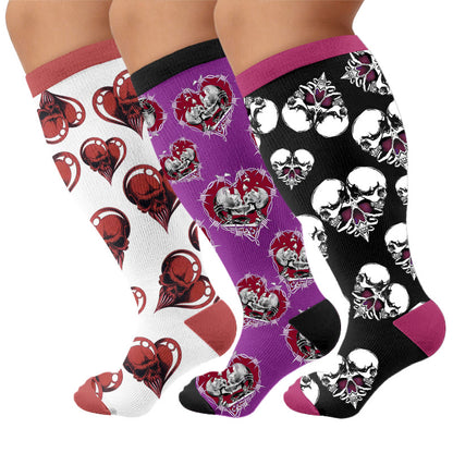 Punk-Totenkopf-Herz-Kompressionsstrümpfe in Übergröße - Mehrfarbig (3 Paare) - 4XL - image 4