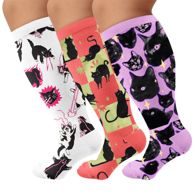 Kawaii-Kompressionsstrümpfe in Übergröße mit schwarzer Katze - Mehrfarbig (3 Paare) - 4XL - image 4