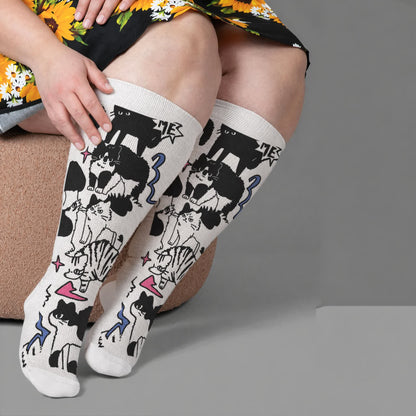Bunte Kompressionsstrümpfe mit Katzenmotiv in Übergröße - Weiß (1 Paar) - 4XL - image 1