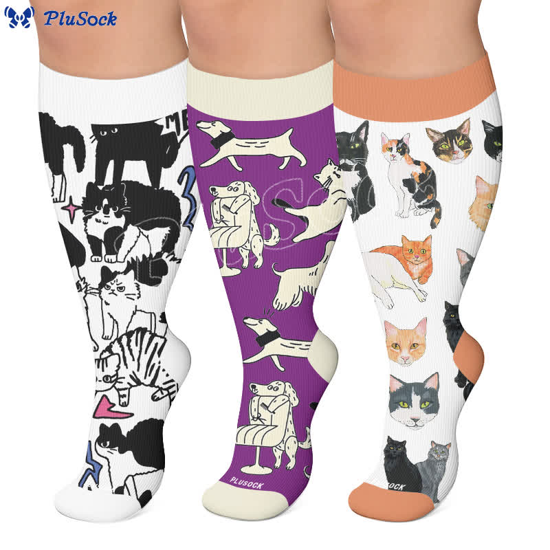Bunte Kompressionsstrümpfe mit Katzenmotiv in Übergröße - image 0
