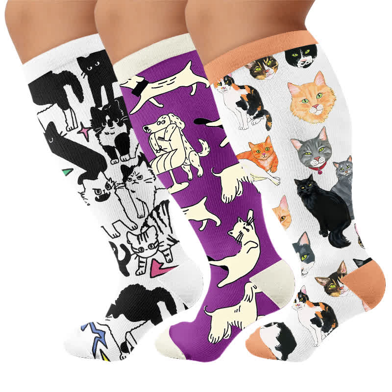 Bunte Kompressionsstrümpfe mit Katzenmotiv in Übergröße - Mehrfarbig (3 Paare) - 4XL - image 4