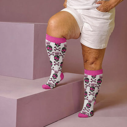 Kompressionsstrümpfe mit Totenkopfkrone in Übergröße - Rosa(1 Paar) - 4XL - image 3