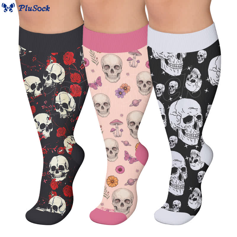 Gothic-Kompressionsstrümpfe in Übergröße mit Totenkopf und Rose - image 0