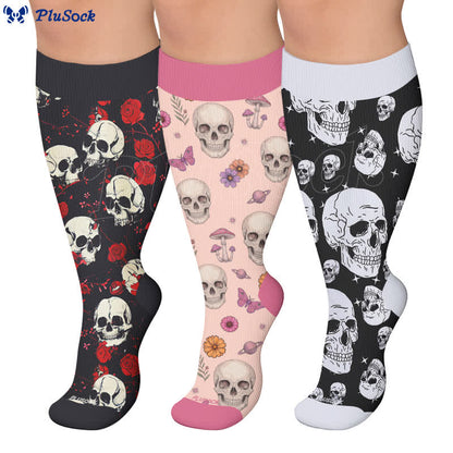 Gothic-Kompressionsstrümpfe in Übergröße mit Totenkopf und Rose - image 0