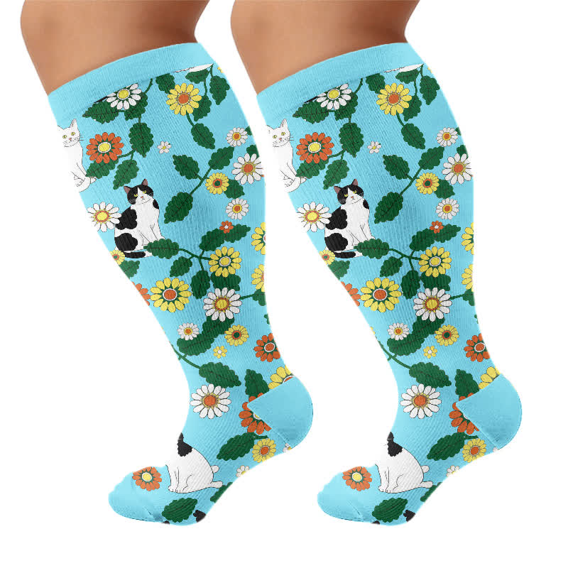 Kompressionsstrümpfe in Übergröße mit lustigem Cartoon-Katzen- und Hunde-Print - Blau (1 Paar) - 4XL - image 9