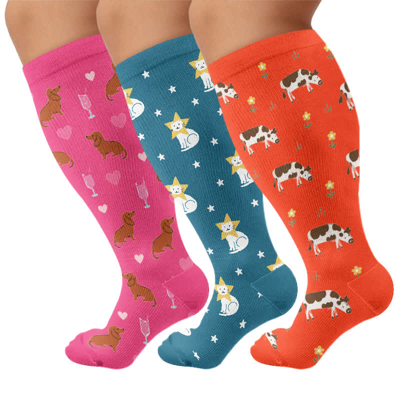 Kompressionsstrümpfe mit verspieltem Tiermotiv in Übergröße - Mehrfarbig (3 Paare) - 4XL - image 4