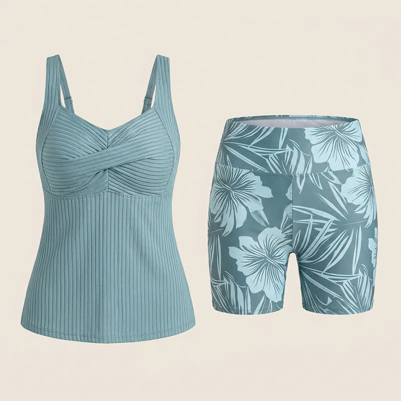 Geripptes Tankini-Set mit herzförmigem Ausschnitt, Twist-Vorderseite und tropischem Print - image 21