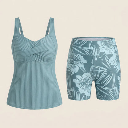 Geripptes Tankini-Set mit herzförmigem Ausschnitt, Twist-Vorderseite und tropischem Print - image 21