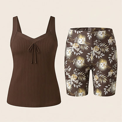 Geripptes Tankini-Set mit herzförmigem Ausschnitt, Twist-Vorderseite und tropischem Print - image 19