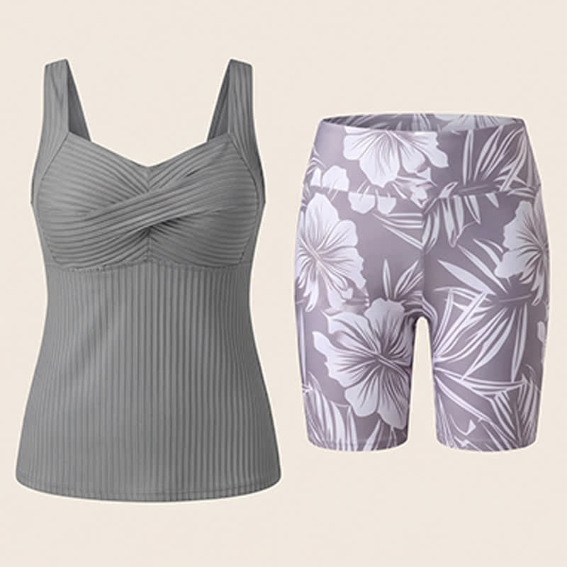 Geripptes Tankini-Set mit herzförmigem Ausschnitt, Twist-Vorderseite und tropischem Print - image 22