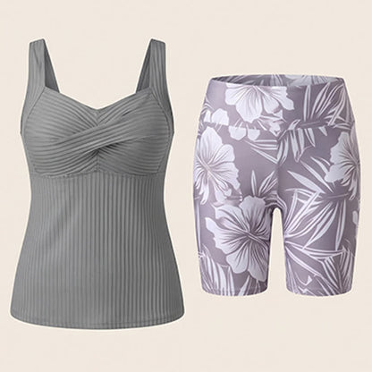 Geripptes Tankini-Set mit herzförmigem Ausschnitt, Twist-Vorderseite und tropischem Print - image 22
