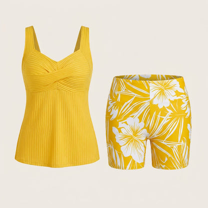 Geripptes Tankini-Set mit herzförmigem Ausschnitt, Twist-Vorderseite und tropischem Print - image 18
