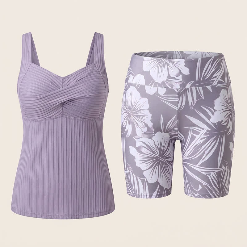 Geripptes Tankini-Set mit herzförmigem Ausschnitt, Twist-Vorderseite und tropischem Print - image 24