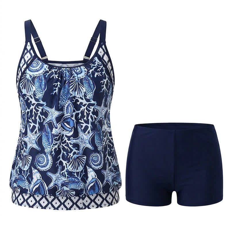 Marineblauer, fließender Tankini mit Seestern- und Korallenmuster - image 6