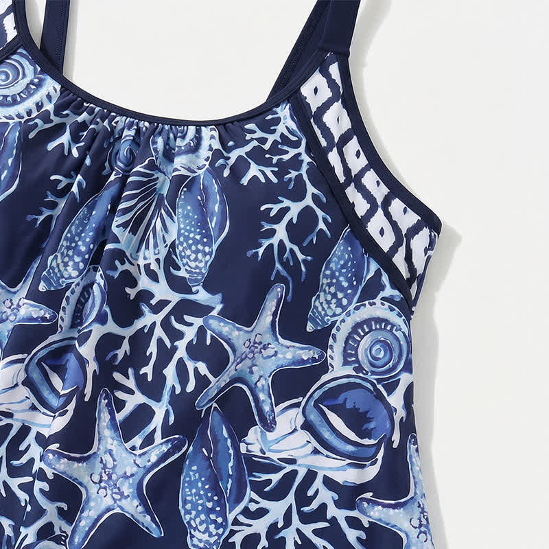 Marineblauer, fließender Tankini mit Seestern- und Korallenmuster - image 4