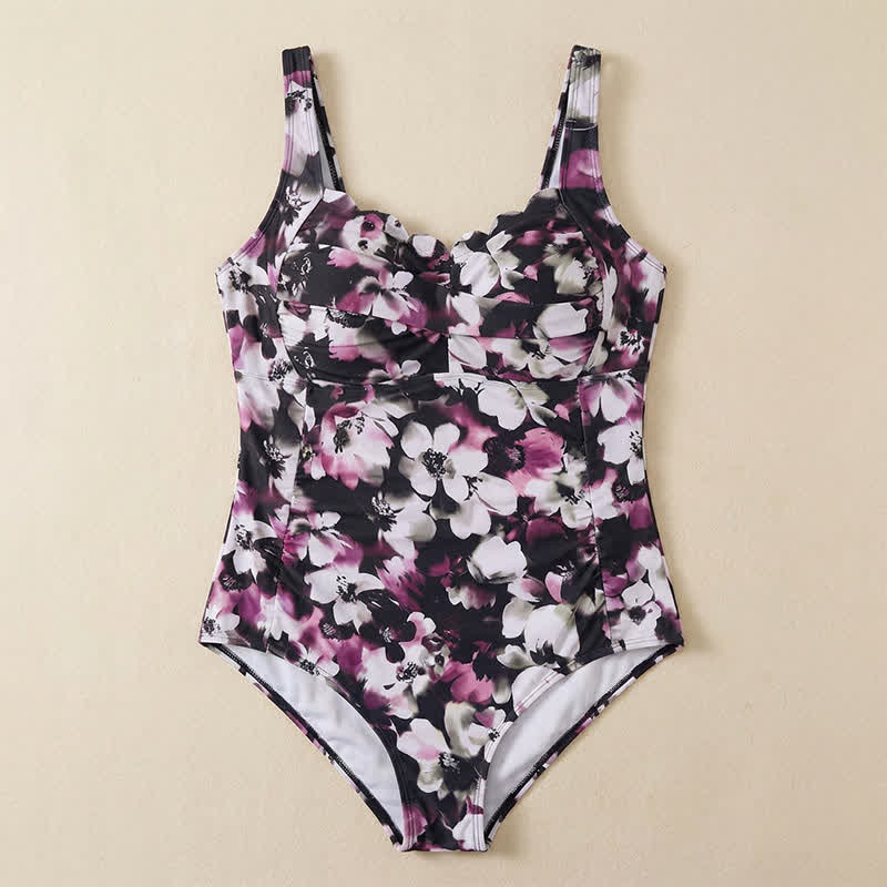 Vintage Badeanzug mit Blumen- und Blätterprint und Raffungen - image 16