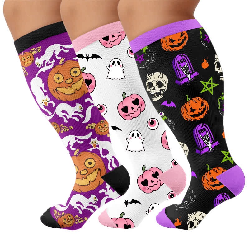 Halloween-Kürbis-Kompressionsstrümpfe in Übergröße - Mehrfarbig (3 Paare) - 4XL - image 4