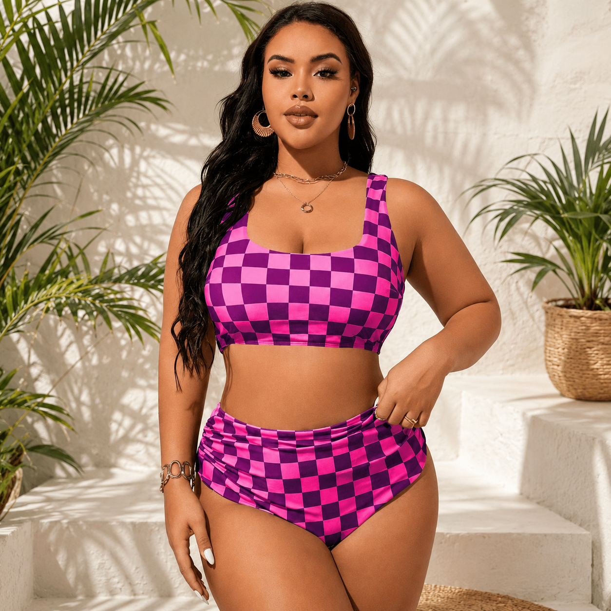 Zweiteiliges Bikini-Set mit Schachbrettmuster - Rose - 4XL - image 0