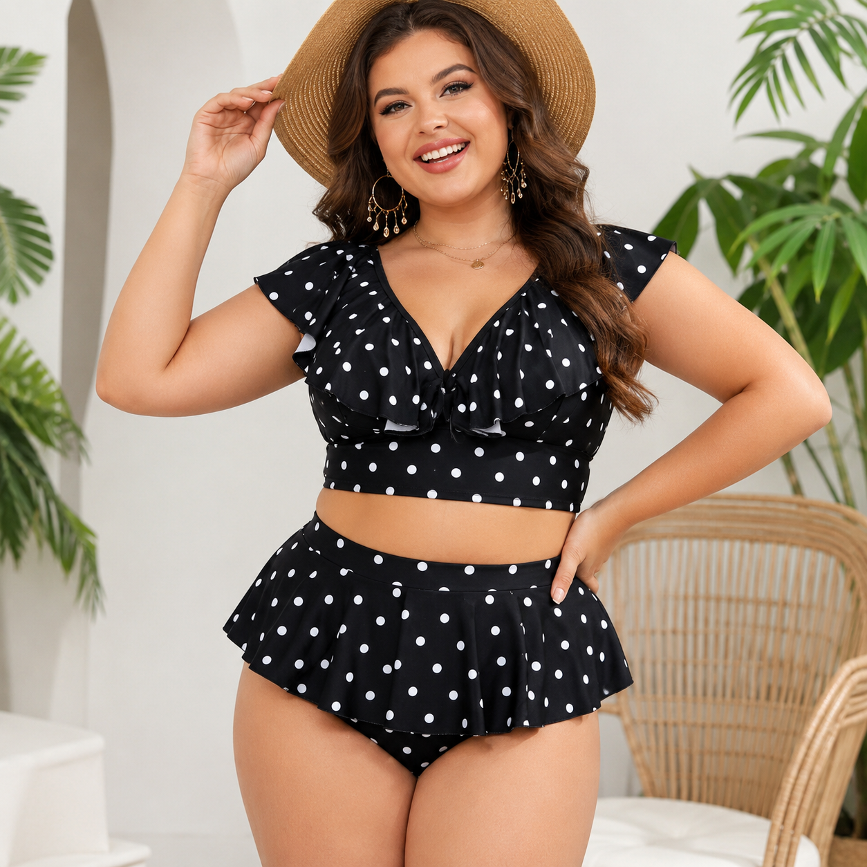 Bikini-Set mit Polka-Dots, Rüschen und hohem Bund - Schwarz - 4XL - image 0