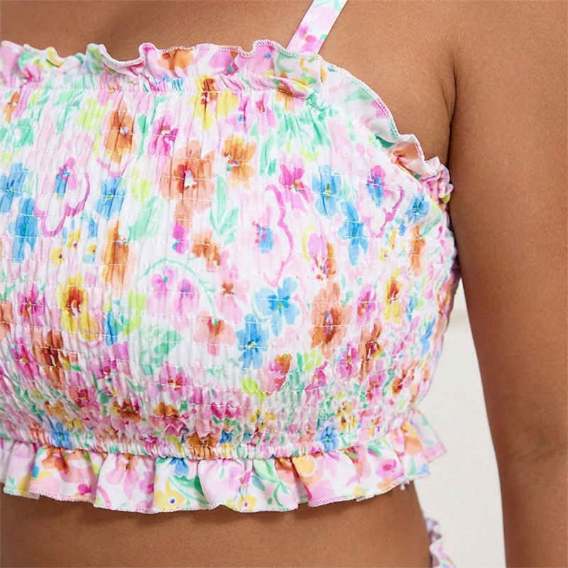 Bikini-Set mit rosafarbenem Blumenmuster und Smok-Einsätzen - image 7