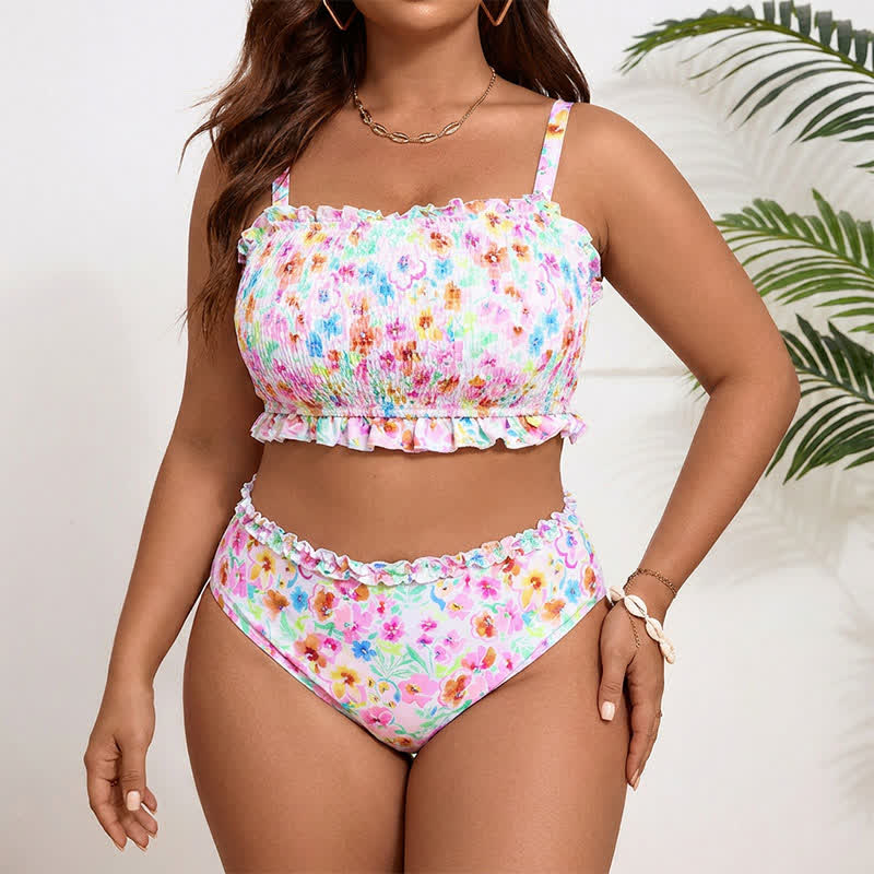 Bikini-Set mit rosafarbenem Blumenmuster und Smok-Einsätzen - image 3