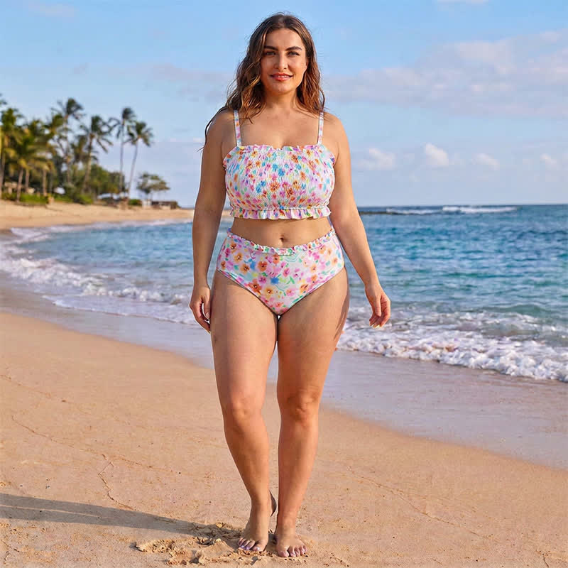 Bikini-Set mit rosafarbenem Blumenmuster und Smok-Einsätzen - image 6