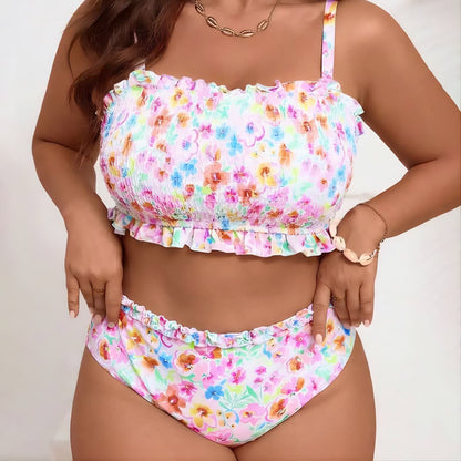 Bikini-Set mit rosafarbenem Blumenmuster und Smok-Einsätzen - Rosa - 5XL - image 0
