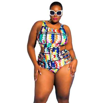Badeanzug mit hohem Bund und Tribal-Geo-Print - Blau - 4XL - image 3