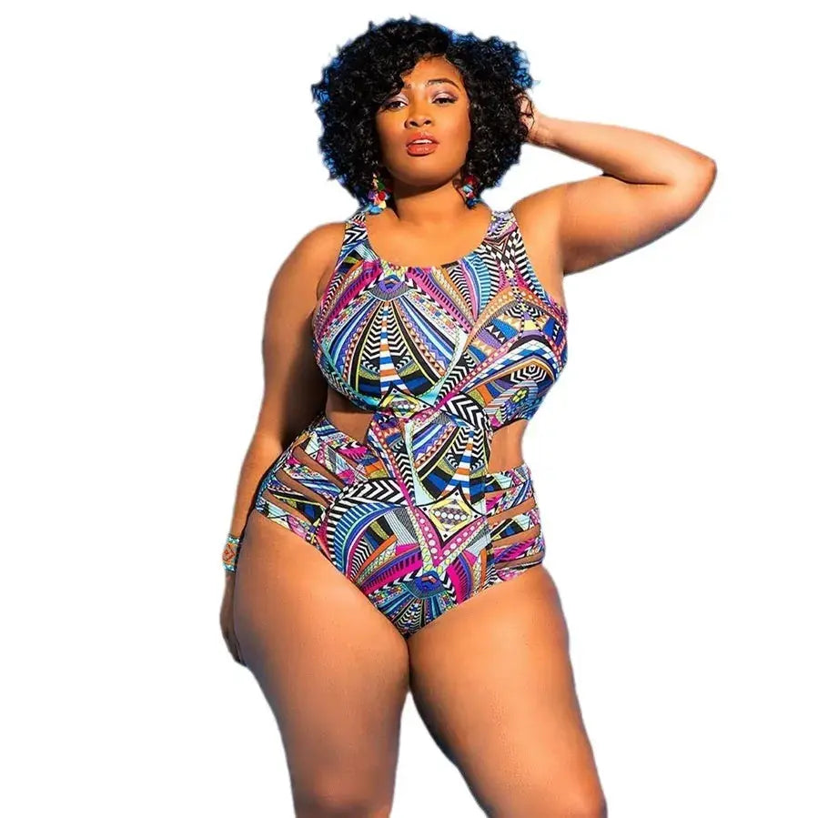 Badeanzug mit hohem Bund und Tribal-Geo-Print - Marineblau - 4XL - image 2