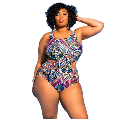 Badeanzug mit hohem Bund und Tribal-Geo-Print - Marineblau - 4XL - image 2