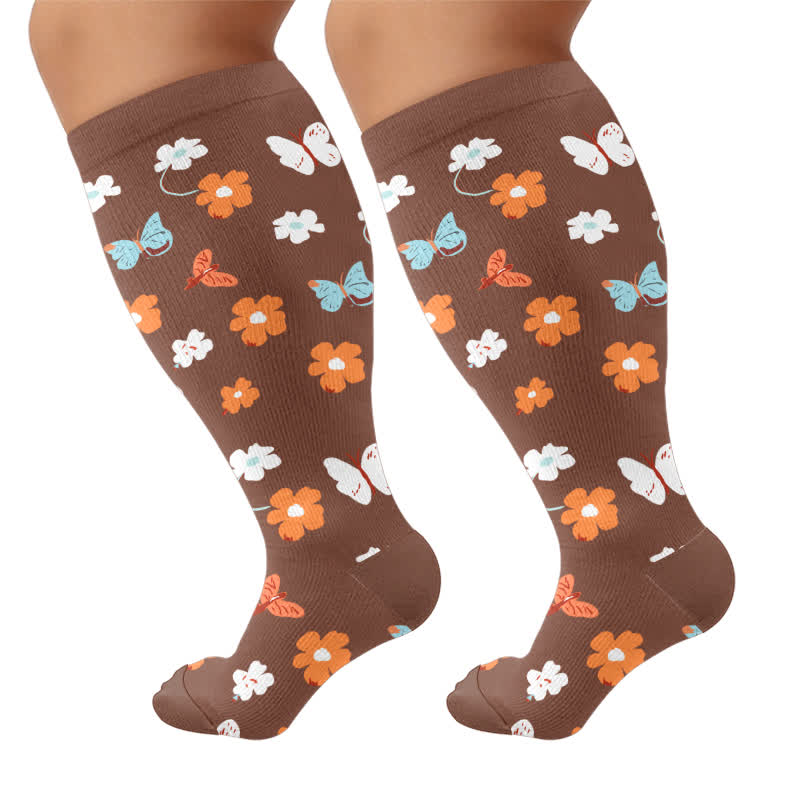 Kompressionsstrümpfe mit Gänseblümchen- und Bienenmuster in Übergröße - Braun (1 Paar) - 4XL - image 10