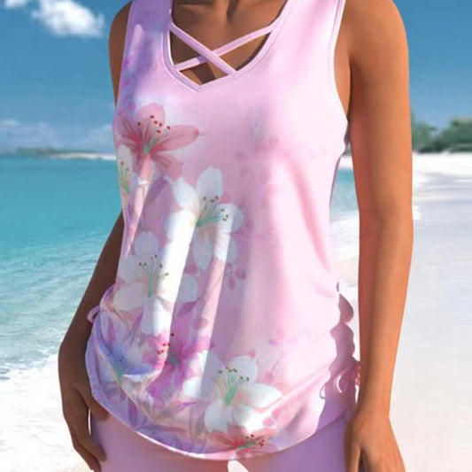 Tankini-Set mit Blumenmuster und gekreuzten Trägern - Rosa - 3XL - image 0