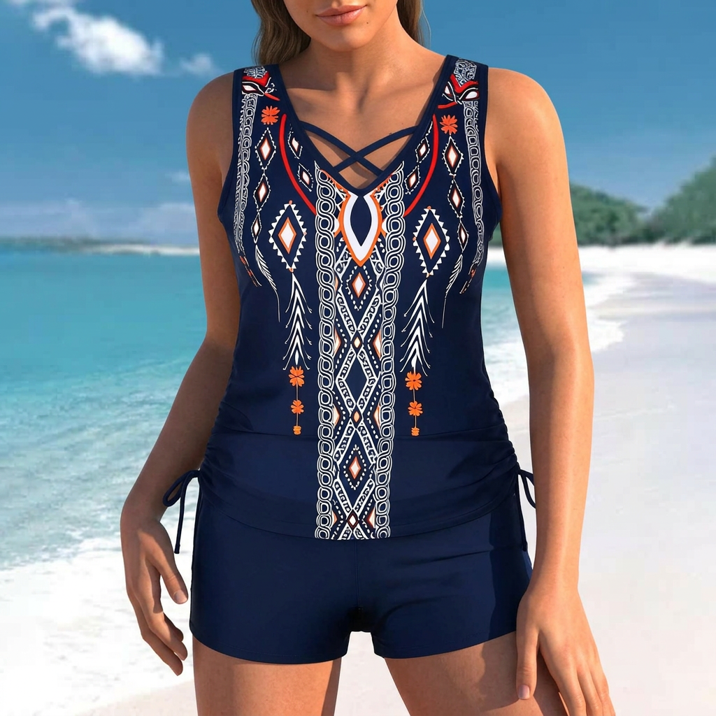 Tankini-Set mit Blumenmuster und gekreuzten Trägern - Marineblau - 3XL - image 4