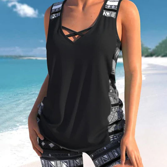 Geometrisches Tankini-Set mit Kreuzmuster - Schwarz - 3XL - image 0