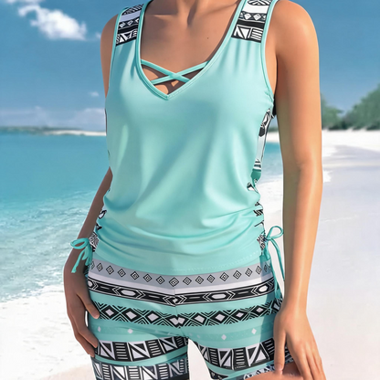 Geometrisches Tankini-Set mit Kreuzmuster - Himmelblau - 3XL - image 2