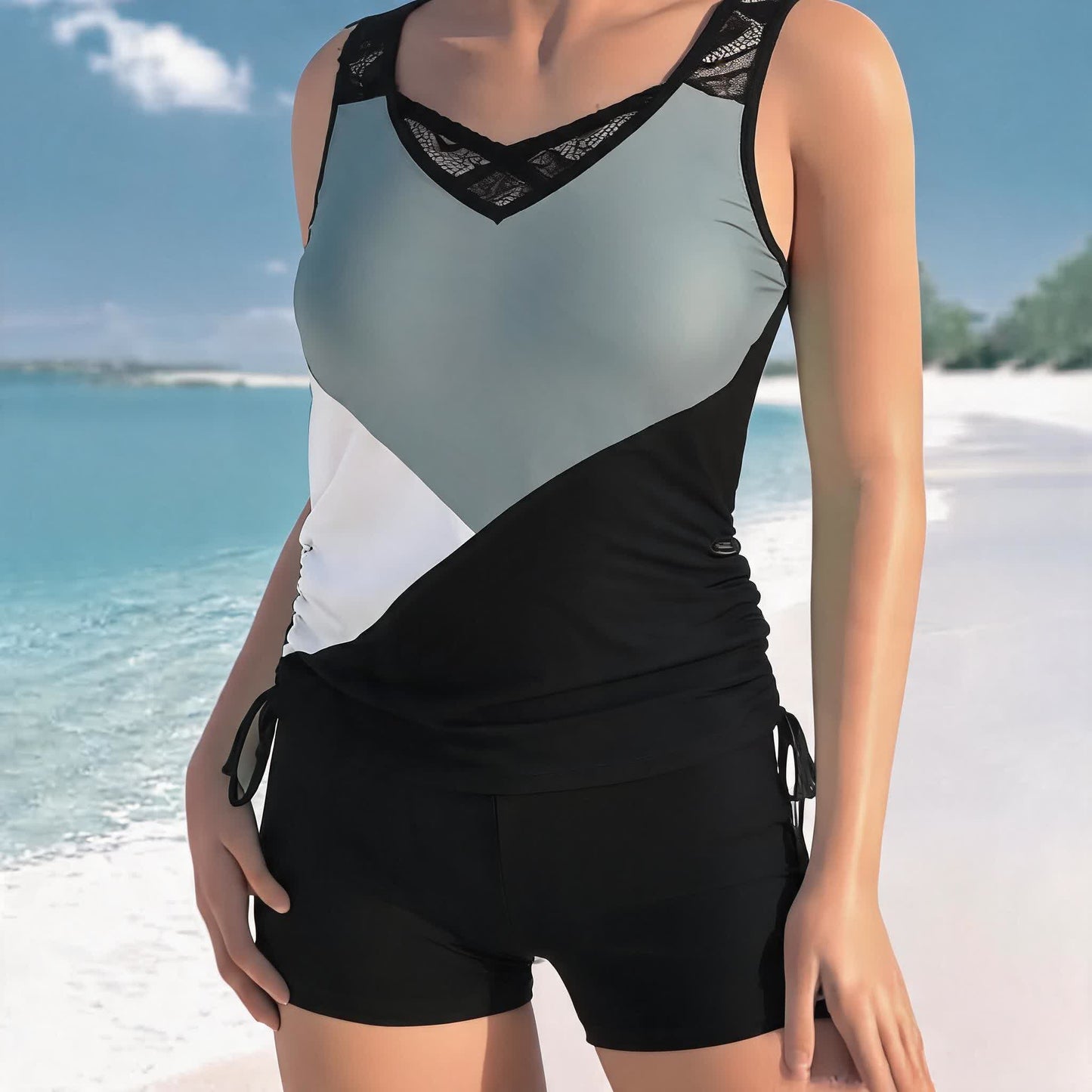 Geometrisches Tankini-Set mit Kreuzmuster - Grau - 3XL - image 7