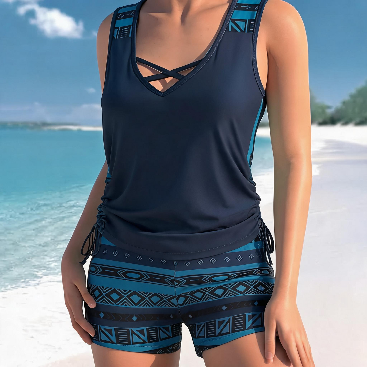Tankini-Set mit Blumenmuster und gekreuzten Trägern - Dunkelblau - 3XL - image 3