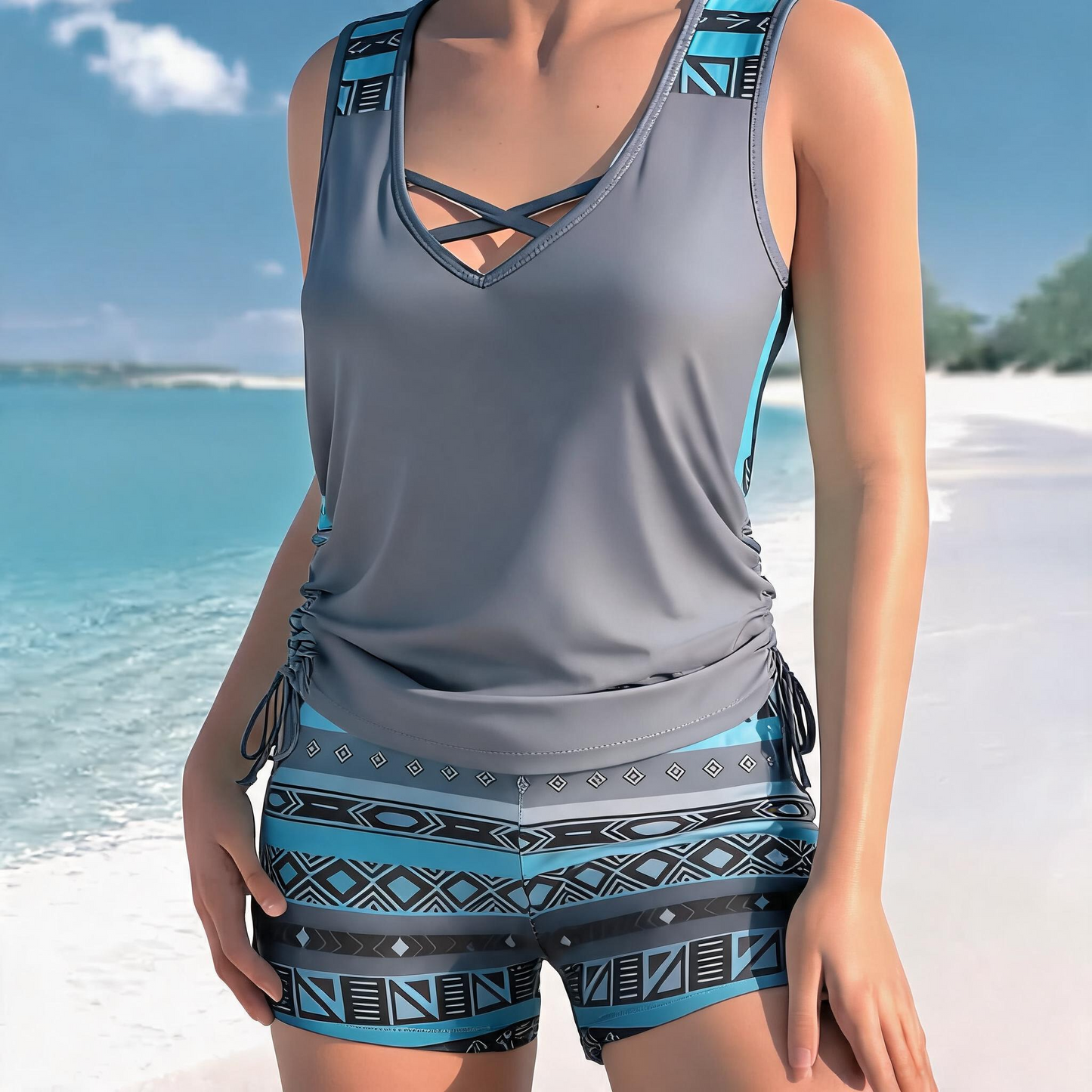 Tankini-Set mit Blumenmuster und gekreuzten Trägern - Grau - 3XL - image 2