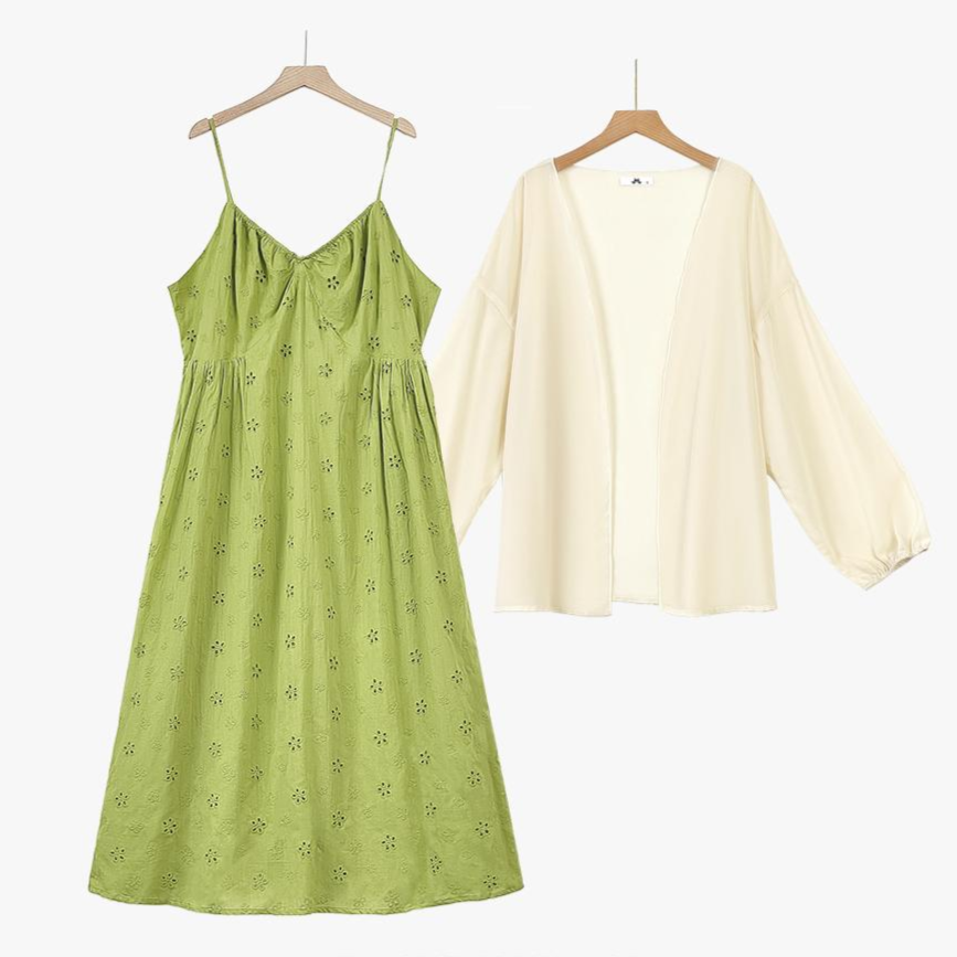 Zweiteiliges Set: Grünes besticktes Unterkleid und weiße Strickjacke mit Puffärmeln - 2-teiliges Set - 6XL - image 0
