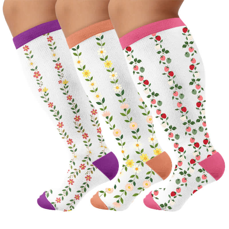 Plus Size Floral Ripped Compression Socken - Mehrfarbig (3 Paare) - 4XL - image 4