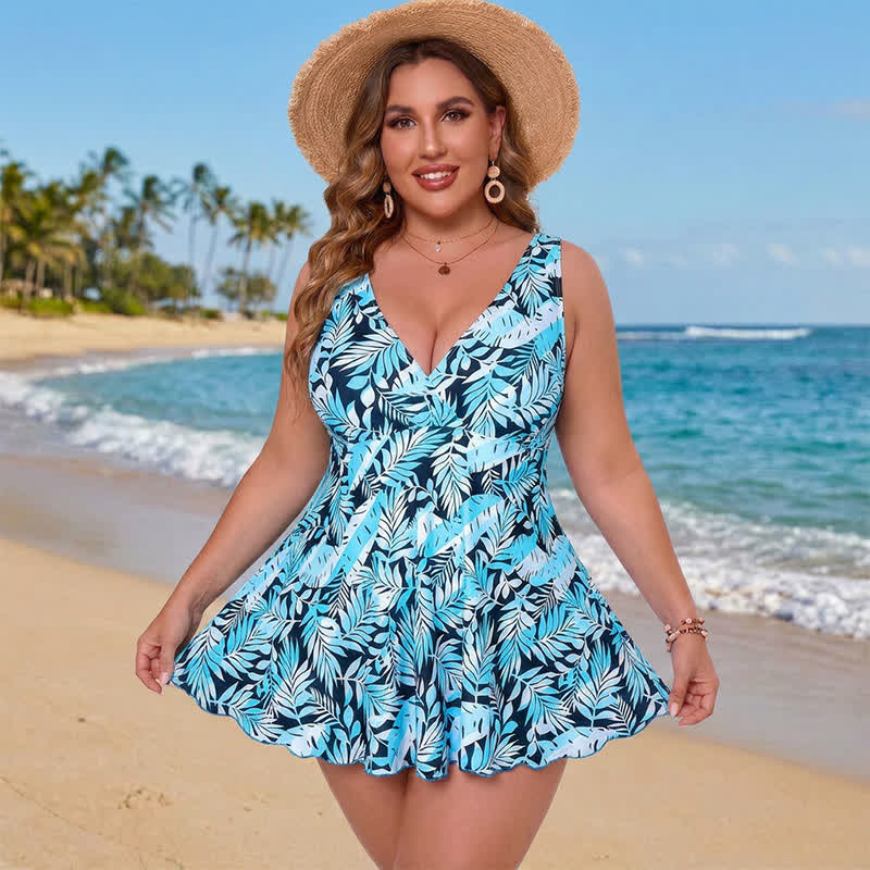 Geblümtes Badekleid mit Rock - Himmelblau - 5XL - image 4