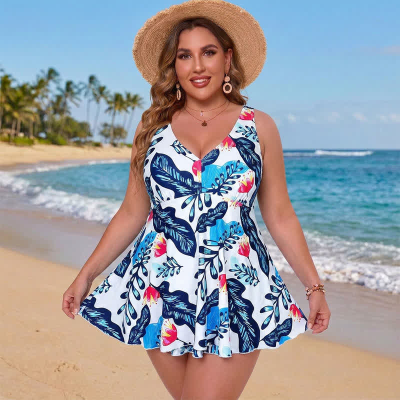 Geblümtes Badekleid mit Rock - Blau - 5XL - image 0