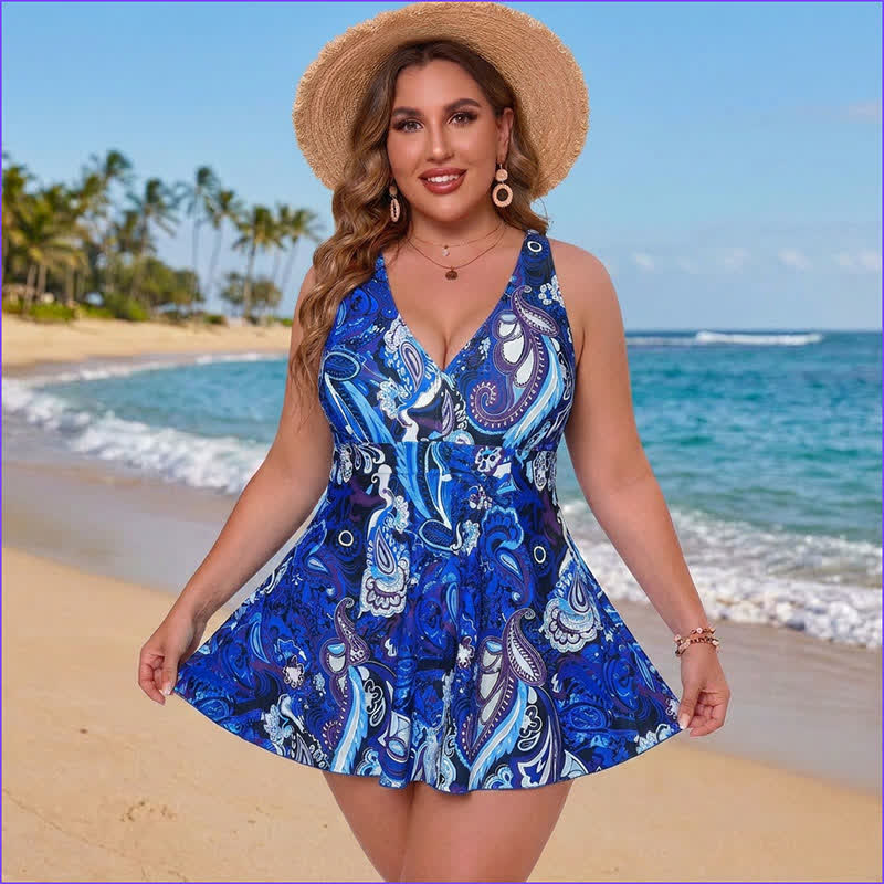 Plus Size bedrucktes Badekleid mit Ringträgern - Blau - 5XL - image 1