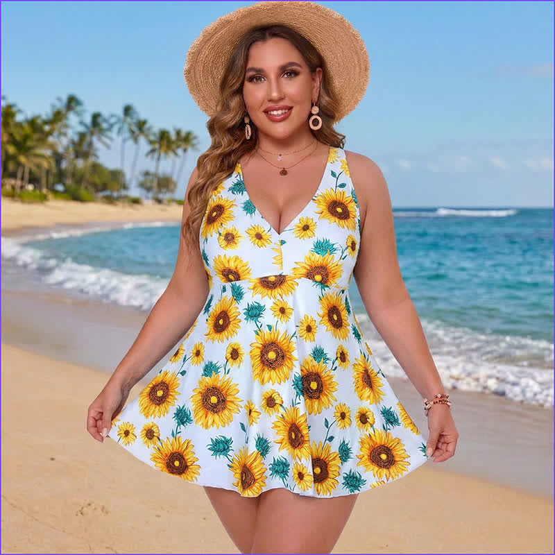 Plus Size bedrucktes Badekleid mit Ringträgern - Gelb - 5XL - image 5